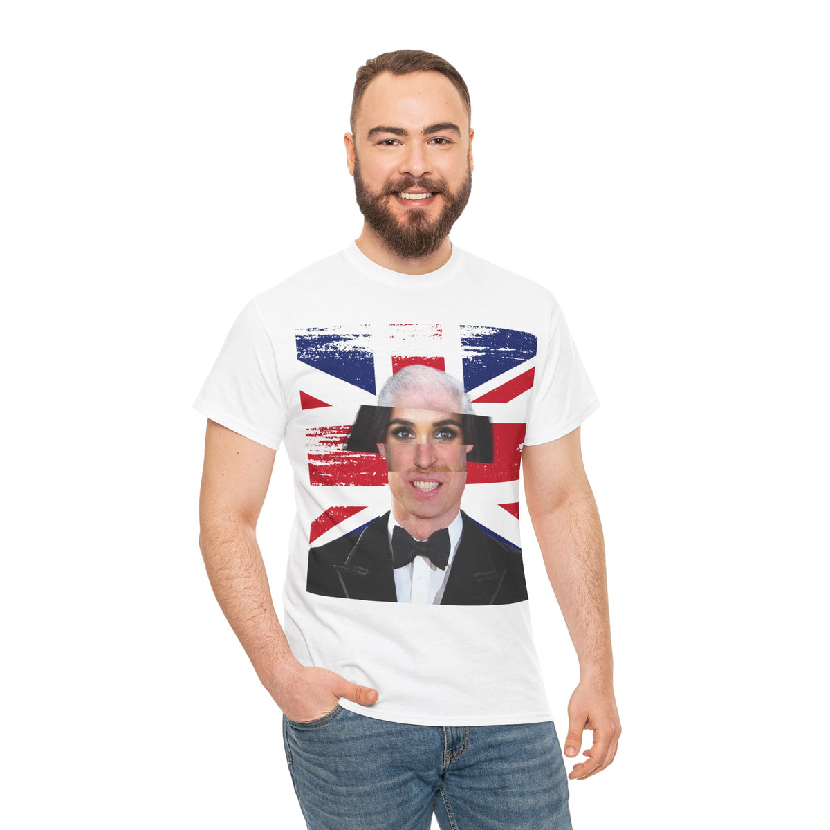 Bearded man wearing the white Tantrum Media Royal Frankenstein T-Shirt with jeans against a white background.