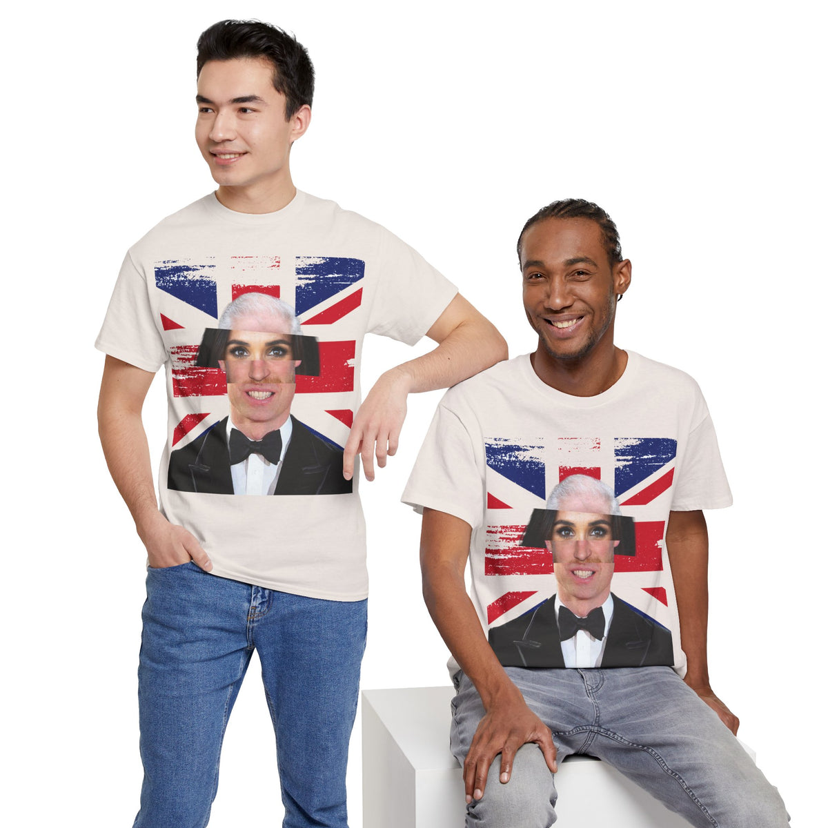 Two men modeling the white Tantrum Media Royal Frankenstein T-Shirt with its Union Jack and royal portrait collage.