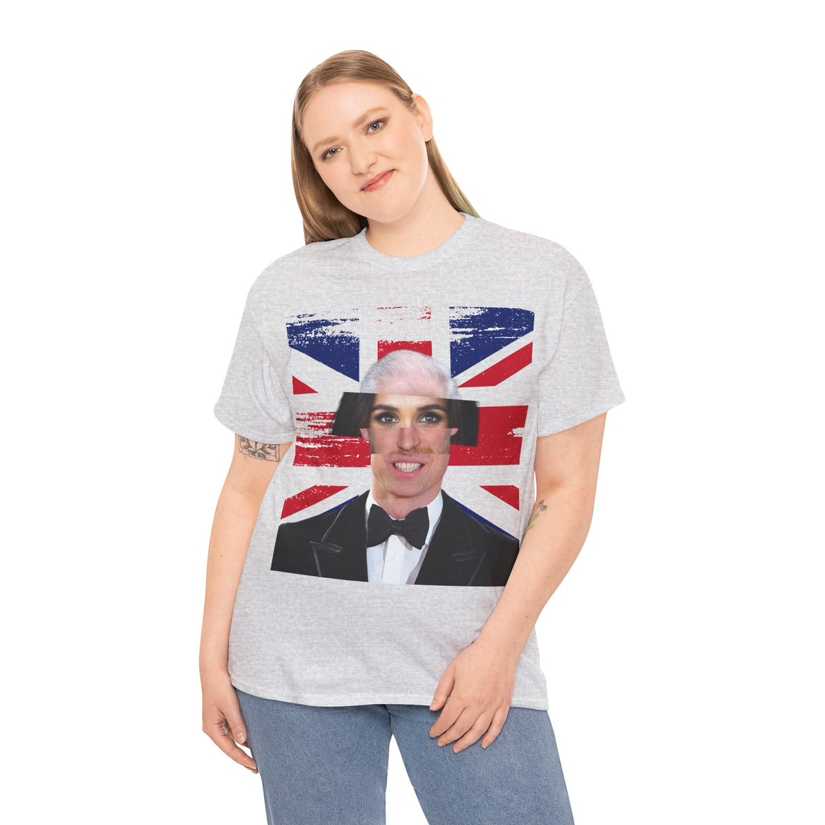 Woman wearing the white Tantrum Media Royal Frankenstein T-Shirt with blue jeans against a white background.