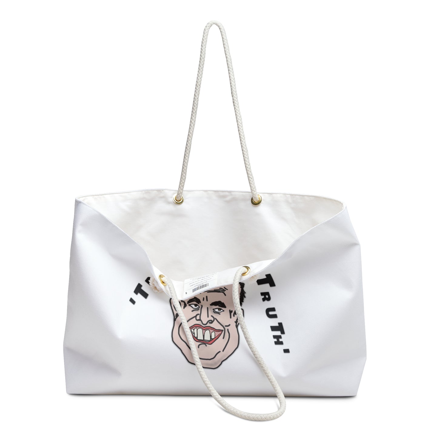 Oversized Rudy’s Truth political tote bag with rope handles and original hand-drawn political artwork.