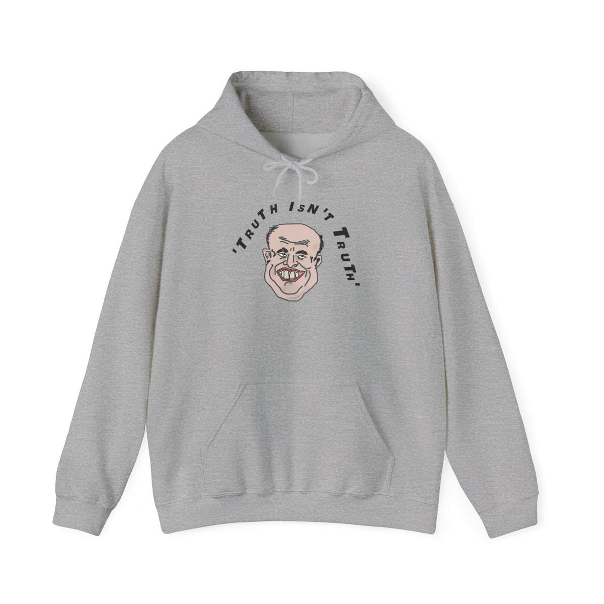 Heather gray Rudy’s Truth political satire hoodie front view