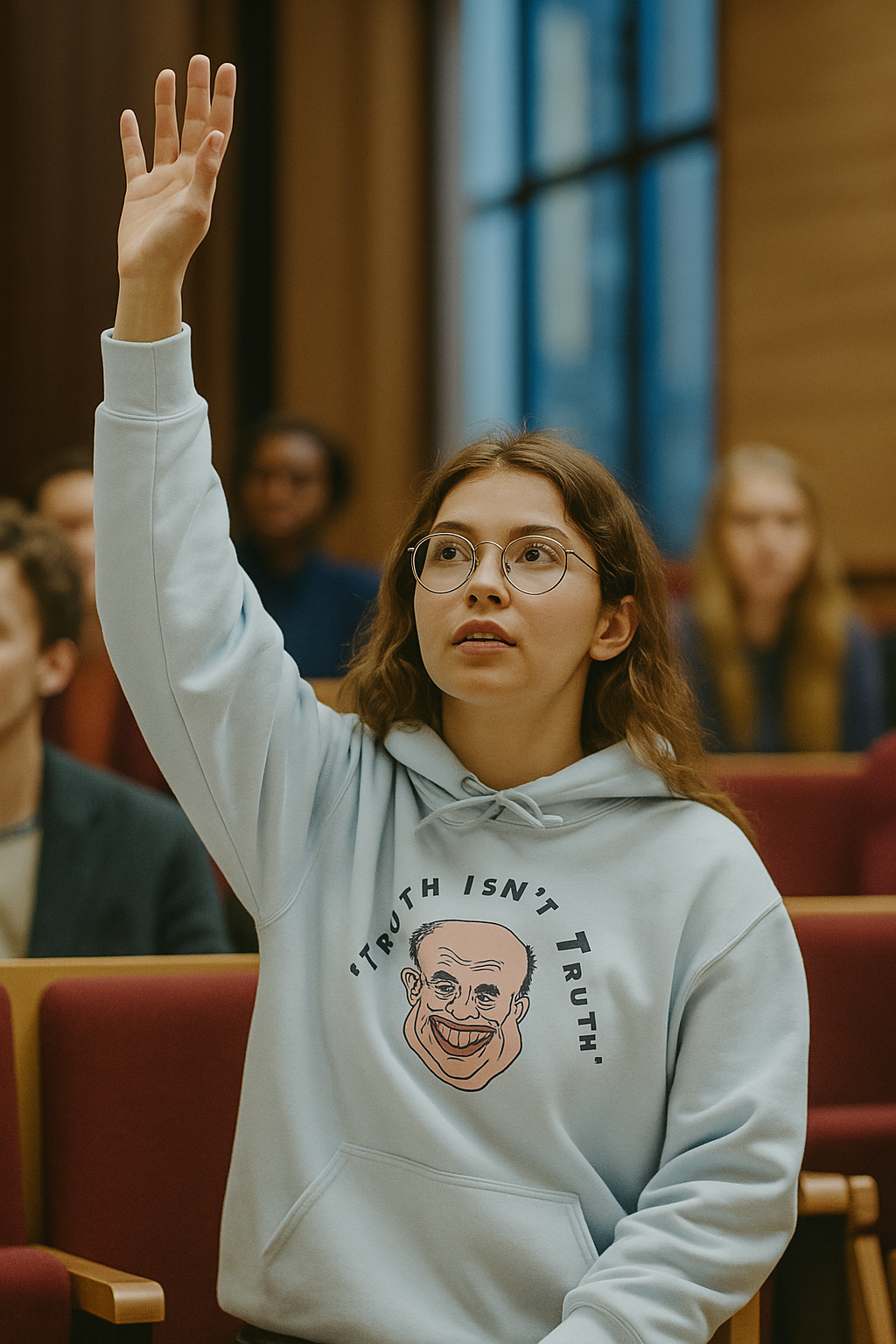 Woman wearing the gray Rudy’s Truth political satire hoodie in a public hearing setting