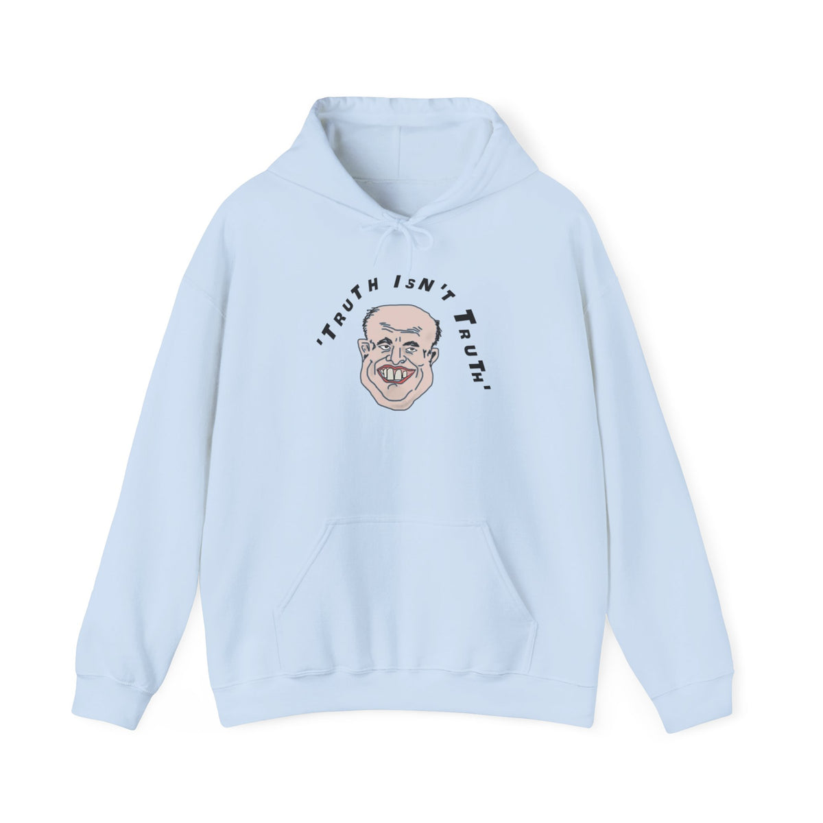 Light blue Rudy’s Truth political graphic hoodie with illustrated front design