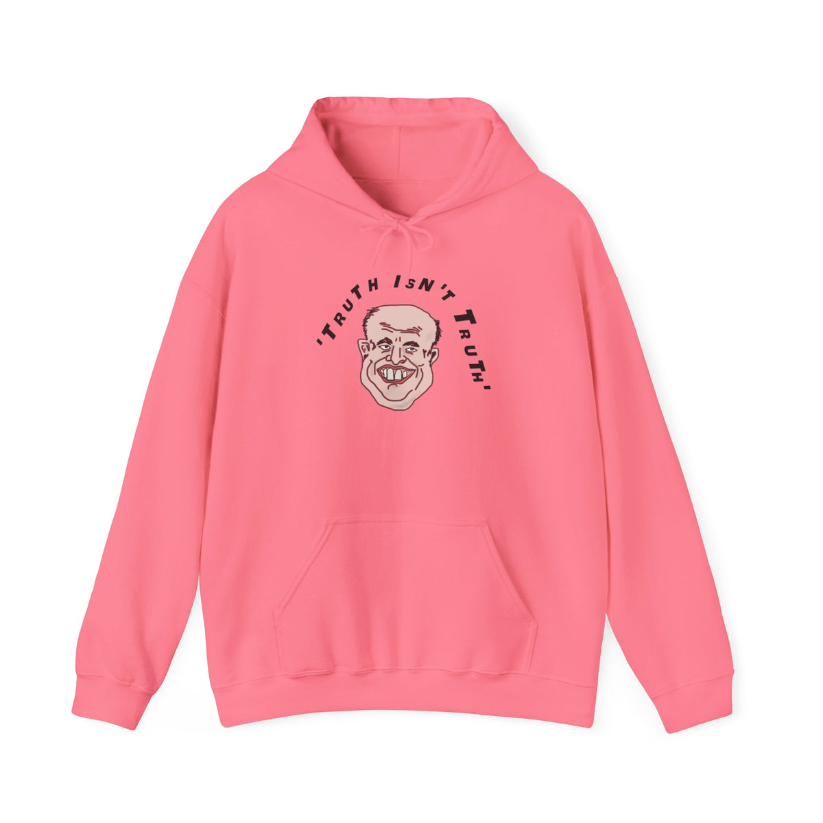 Pink Rudy’s Truth political satire hoodie with original illustrated chest design