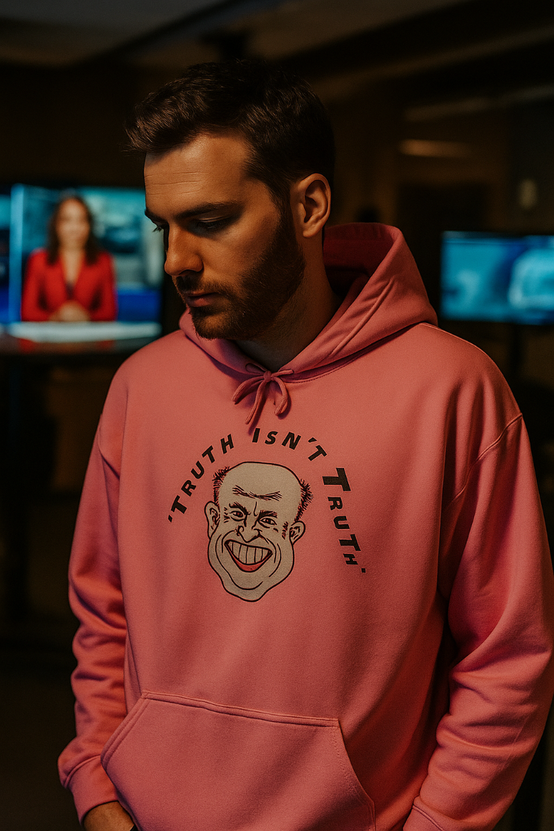 Man wearing the Rudy’s Truth political satire graphic hoodie in a television studio setting