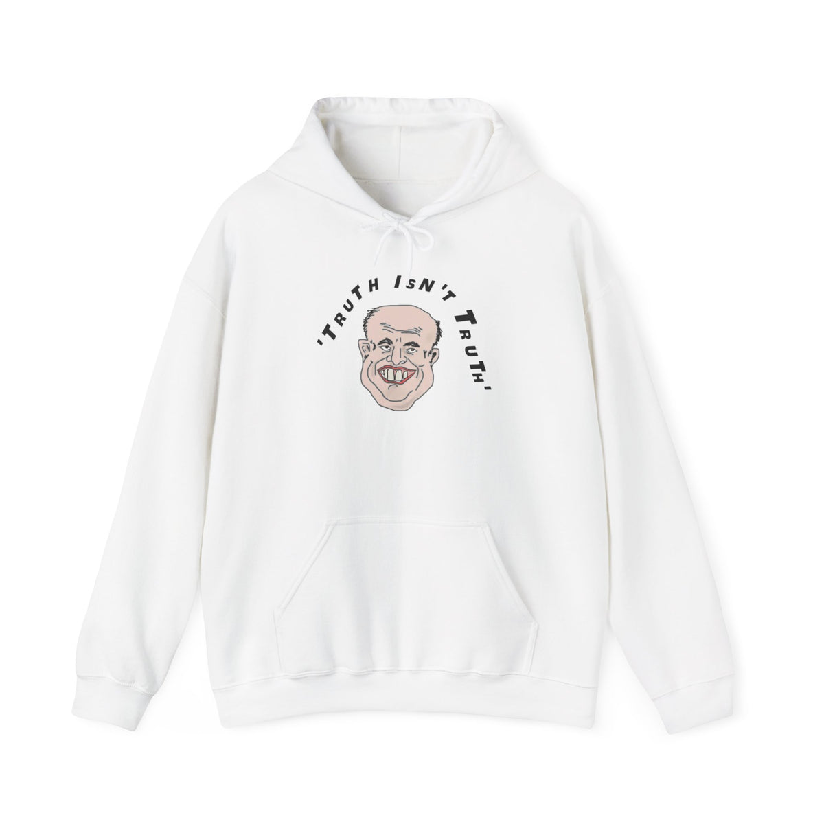 White Rudy’s Truth political satire hoodie with Truth Isn’t Truth illustration