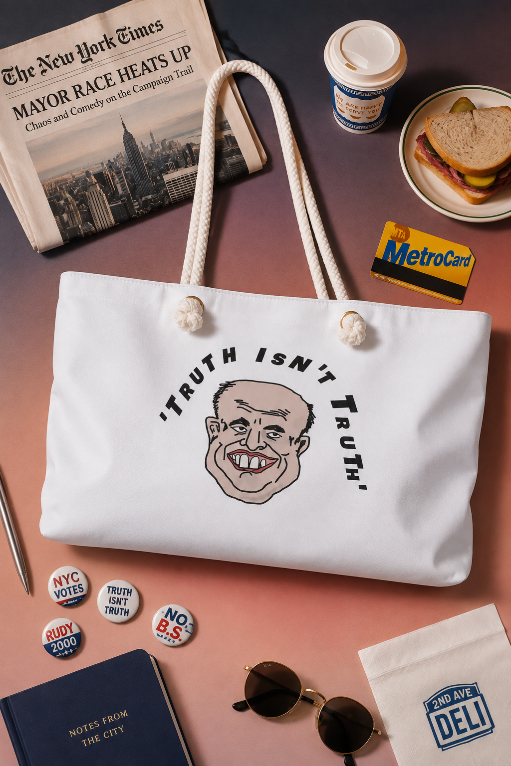Rudy’s Truth political weekender bag with hand-drawn artwork in an editorial New York politics-inspired flat lay