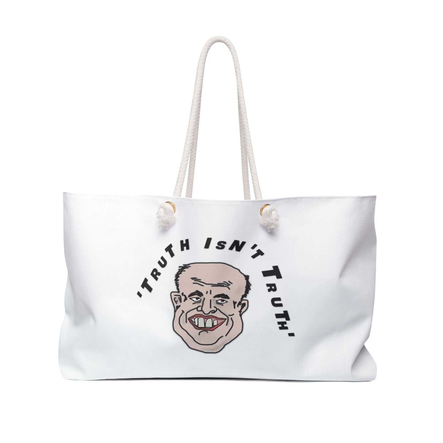 Front view of Rudy’s Truth white political weekender bag with hand-drawn Truth Isn’t Truth artwork.