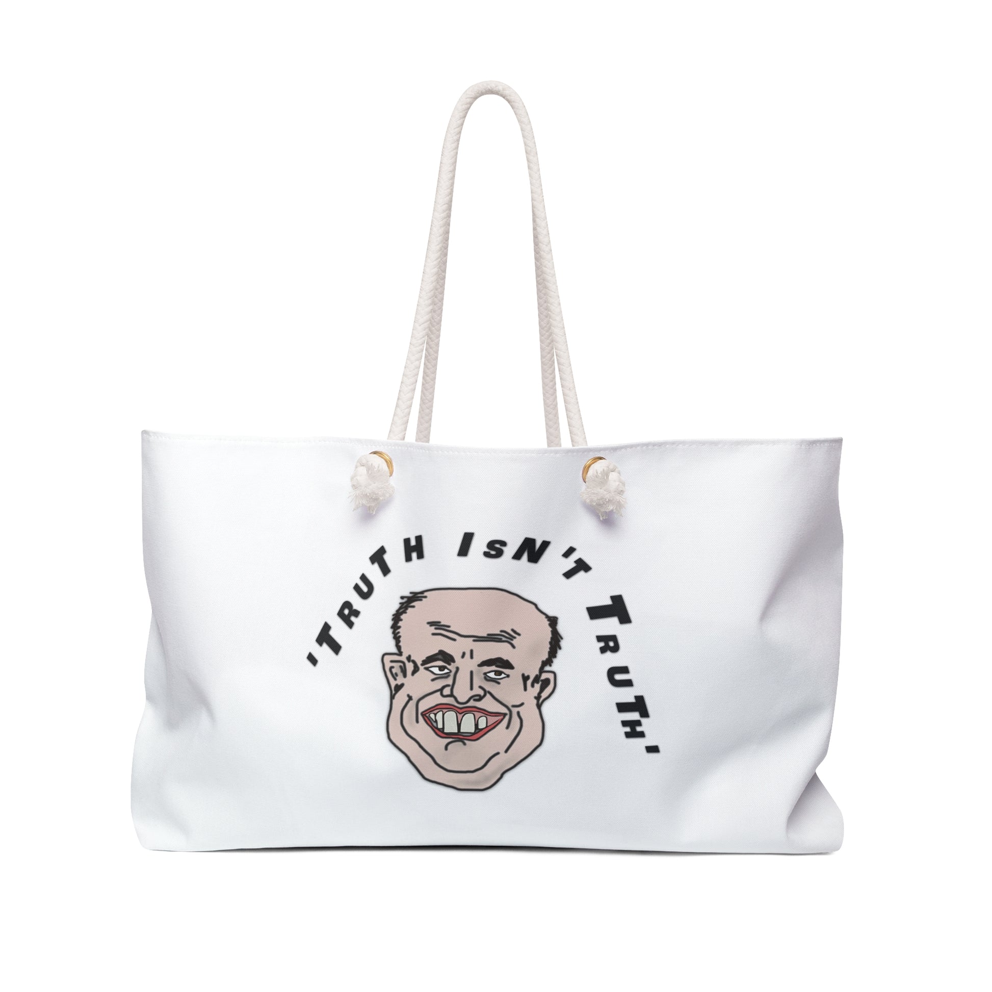 Front view of Rudy’s Truth white political weekender bag with hand-drawn Truth Isn’t Truth artwork.