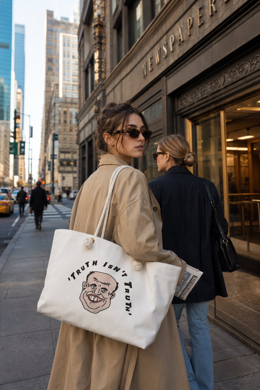 Woman carrying Rudy’s Truth political weekender bag while walking with a friend in New York City.