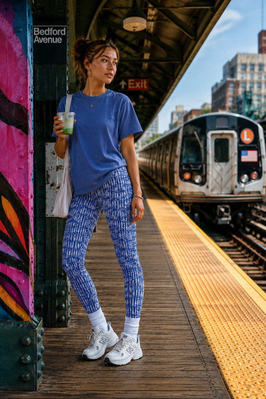 Blue artistic pattern leggings styled in editorial flat-lay photography with lifestyle accessories
