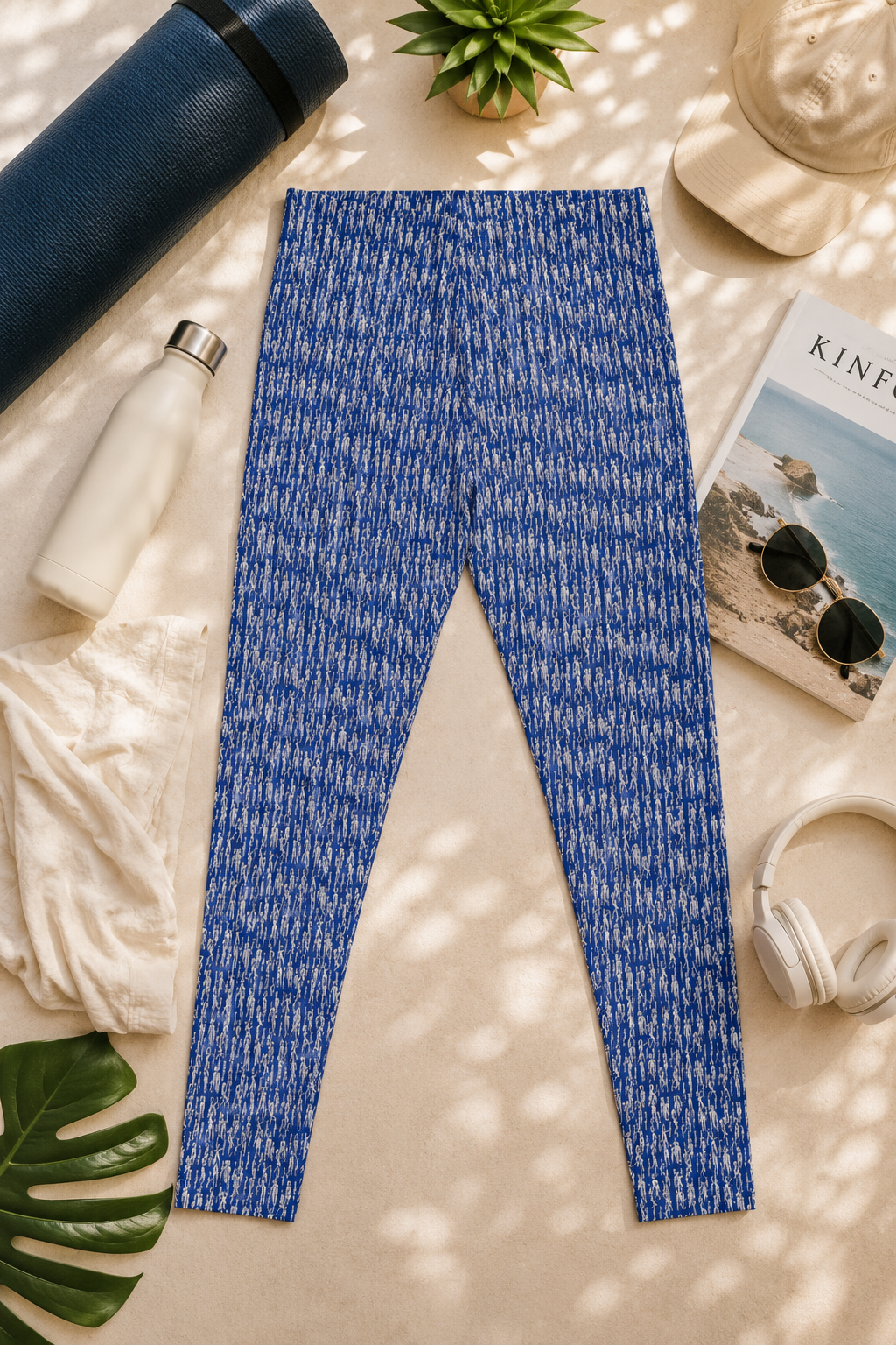 Front view of women's blue artistic pattern leggings
