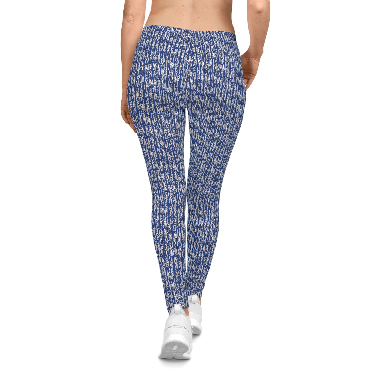 Back view of blue artistic pattern leggings for women