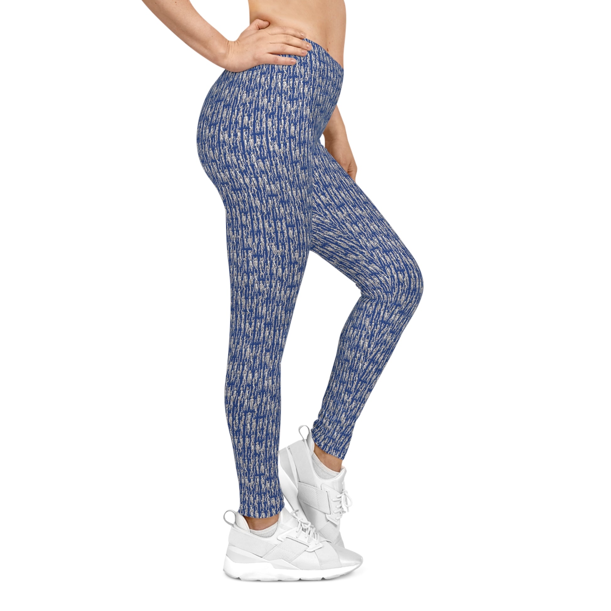 Side view of blue artistic pattern leggings for women