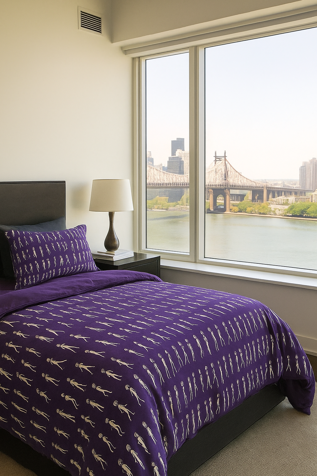 Running Out purple printed comforter displayed in a modern bedroom with waterfront view