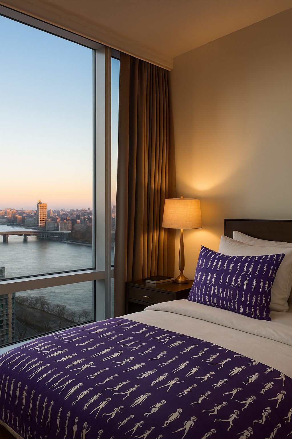 Running Out purple comforter displayed in a modern city apartment bedroom at sunset