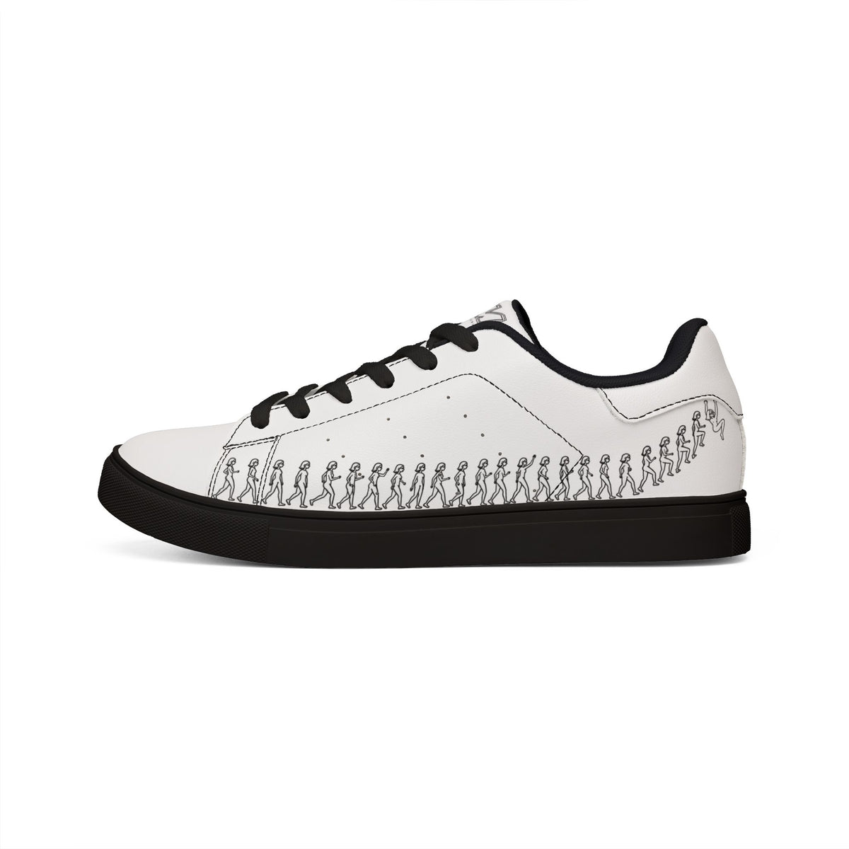 Running Out women’s white leather low-top sneaker with black sole and figure line art