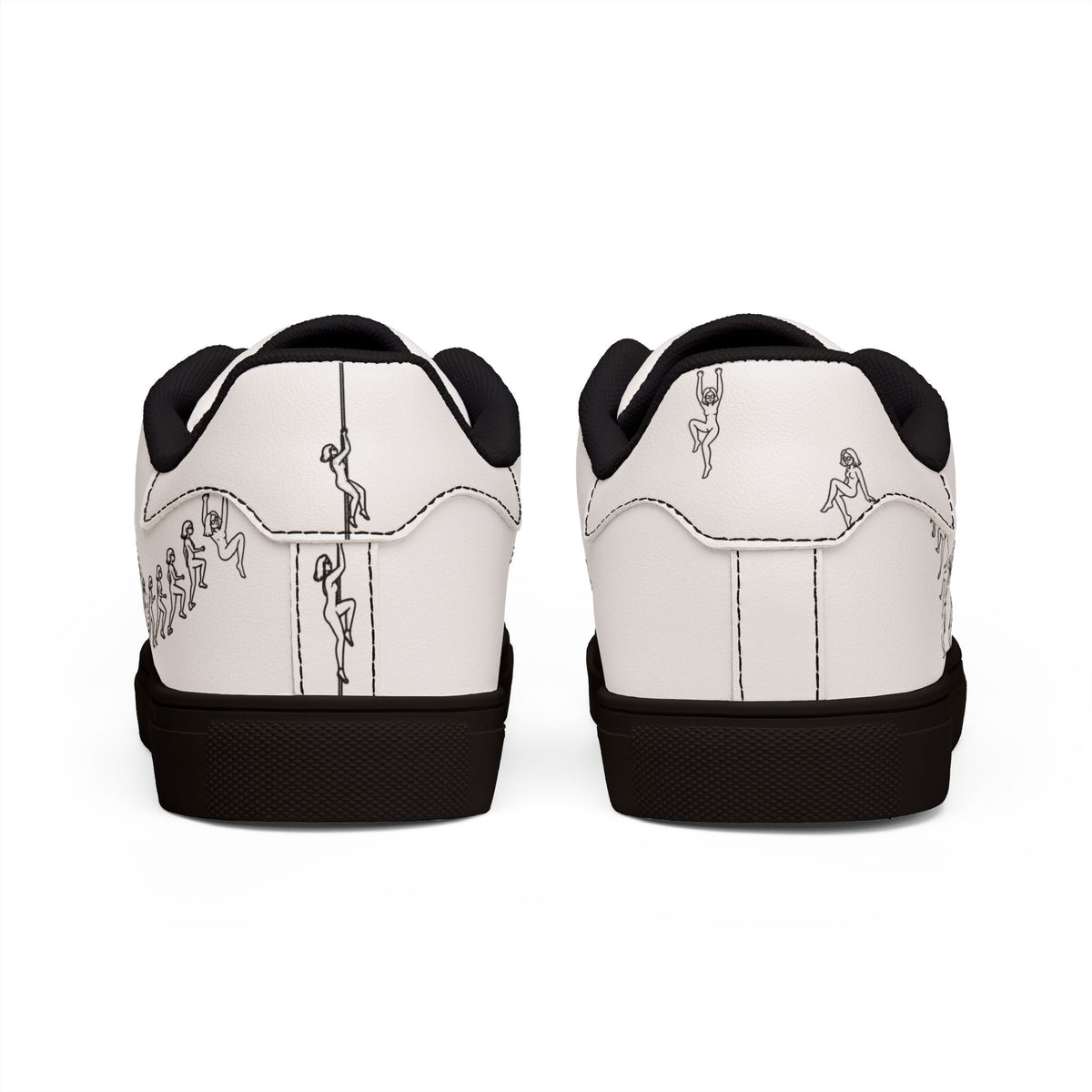 Back view of Running Out white leather sneakers with black sole and climbing figure artwork