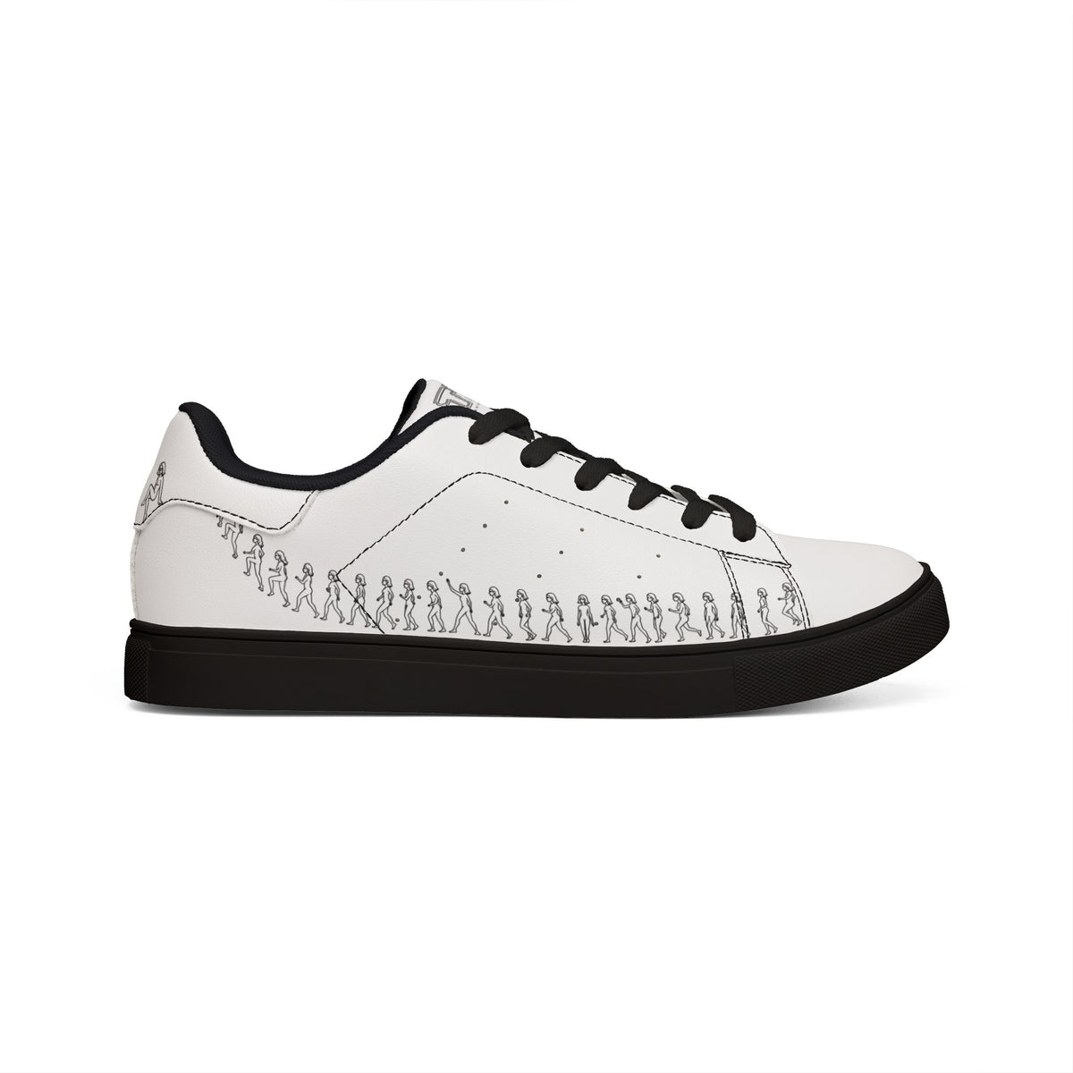 Running Out women’s white leather sneaker with black sole and walking figure graphic art