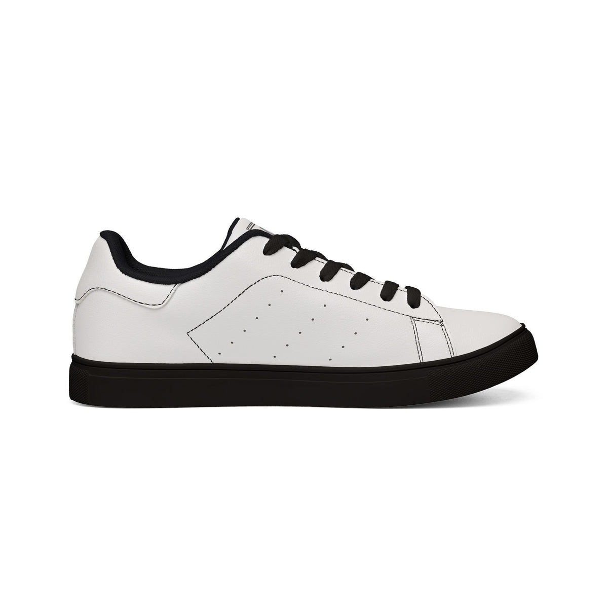 Inner side view of Running Out women’s white leather low-top sneaker with black sole