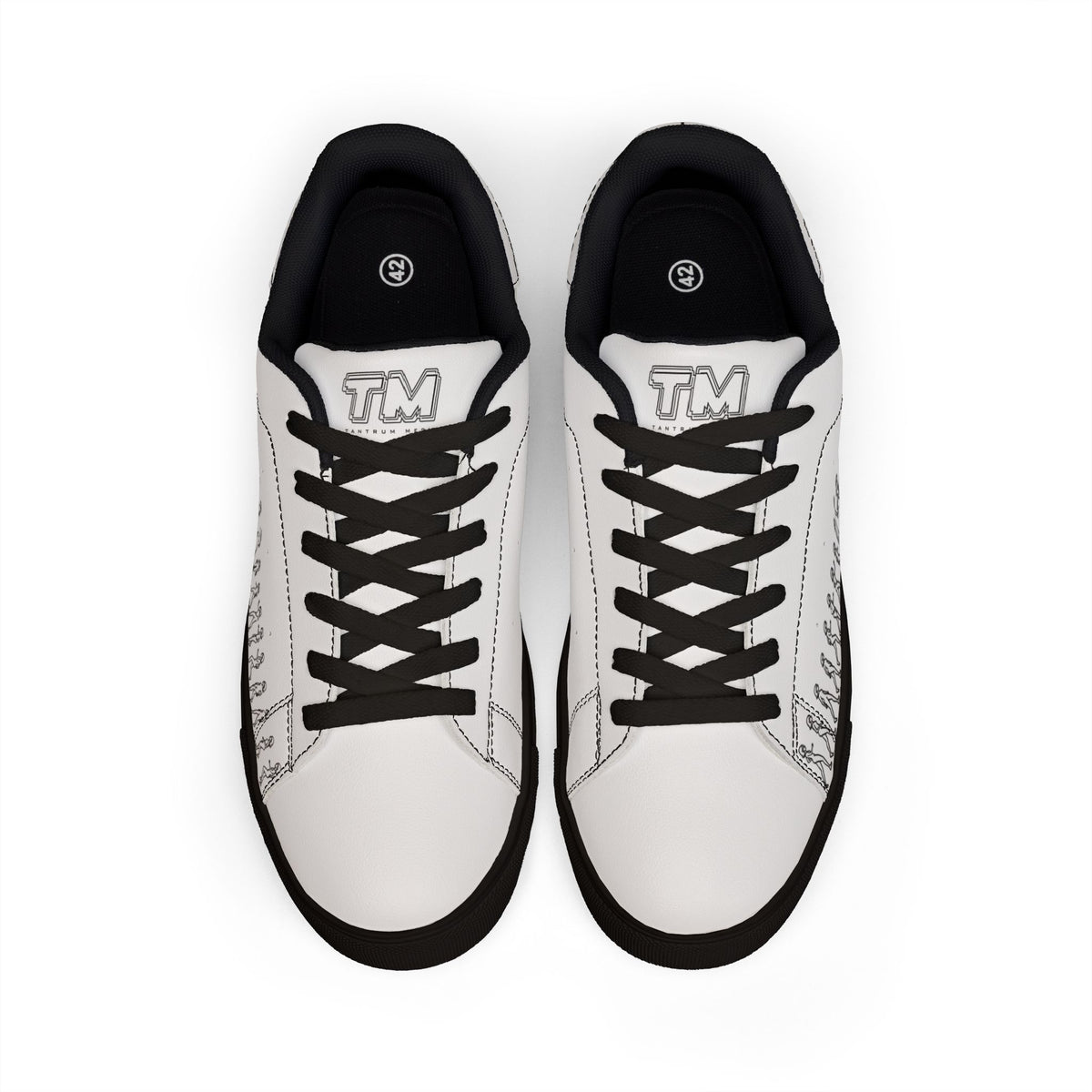 Top view of Running Out women’s white leather sneakers with black laces and black sole