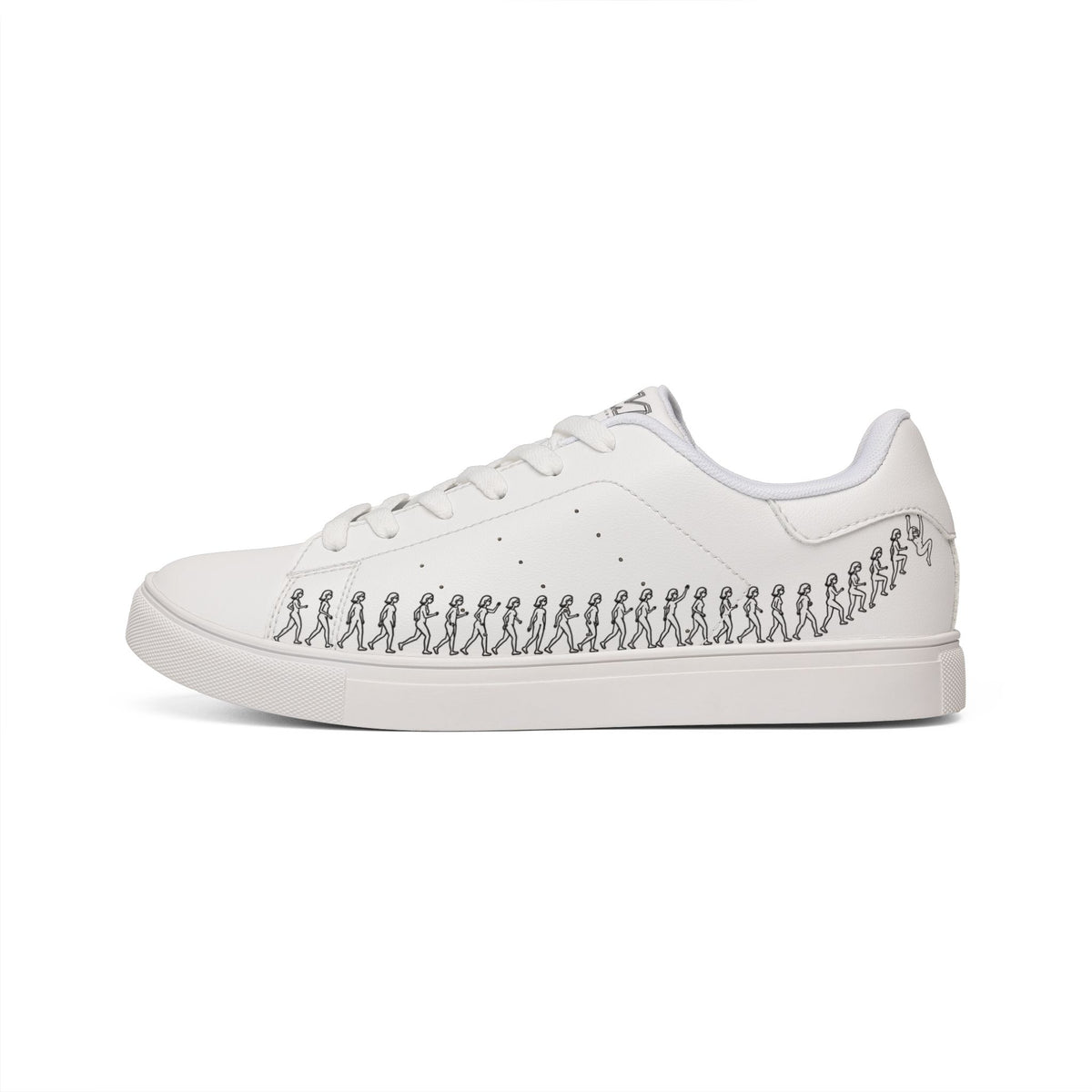 Running Out women’s white leather low-top sneaker with walking figure line art and white sole
