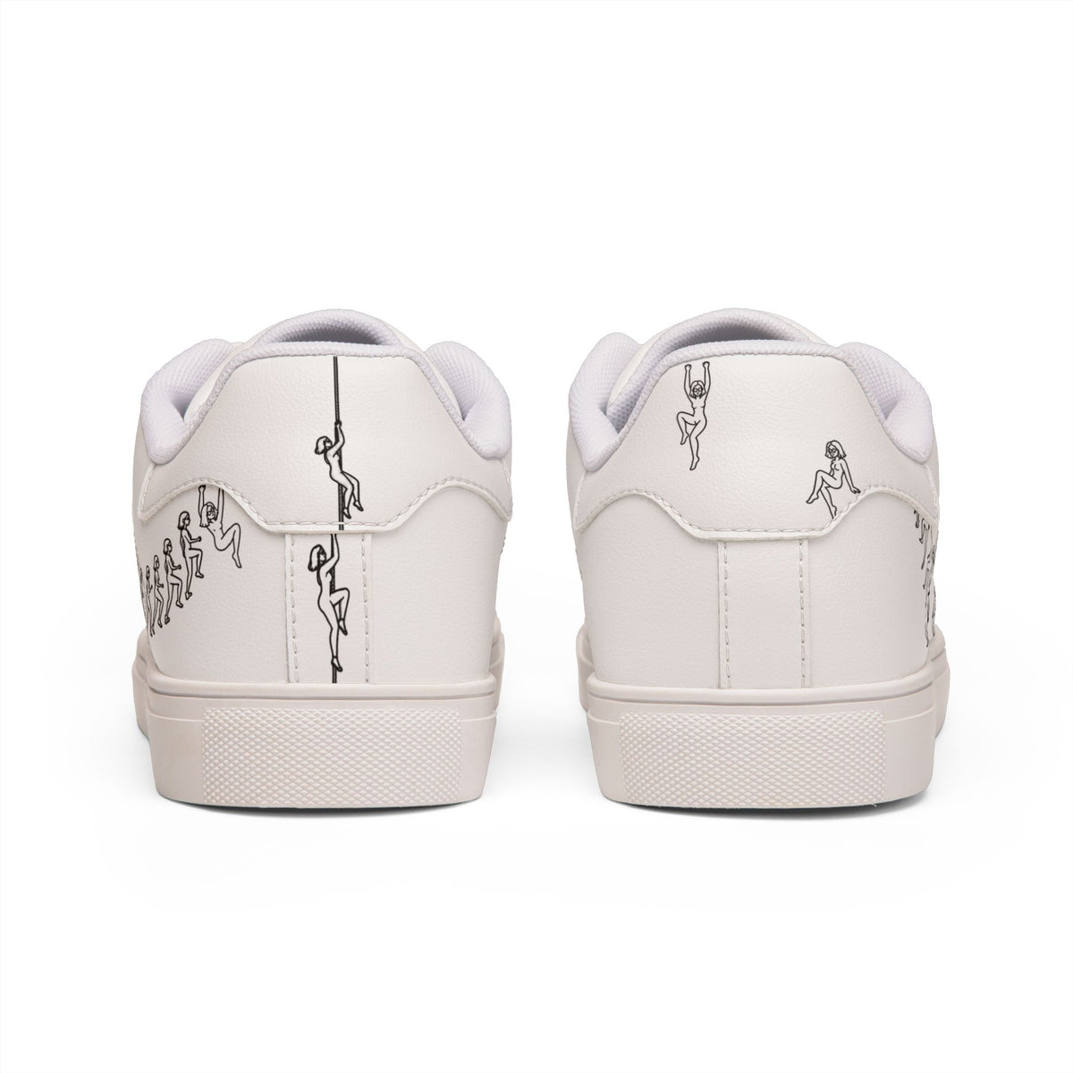 Back view of Running Out white leather sneakers with climbing figure and rope artwork