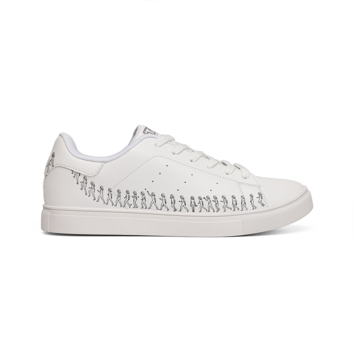 Women’s white leather sneaker with Running Out walking and climbing figure artwork