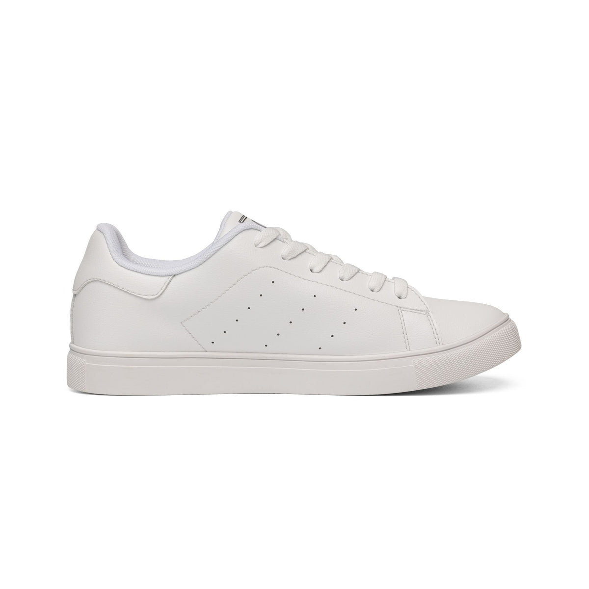 Inner side view of Running Out women’s white leather low-top sneaker with white sole