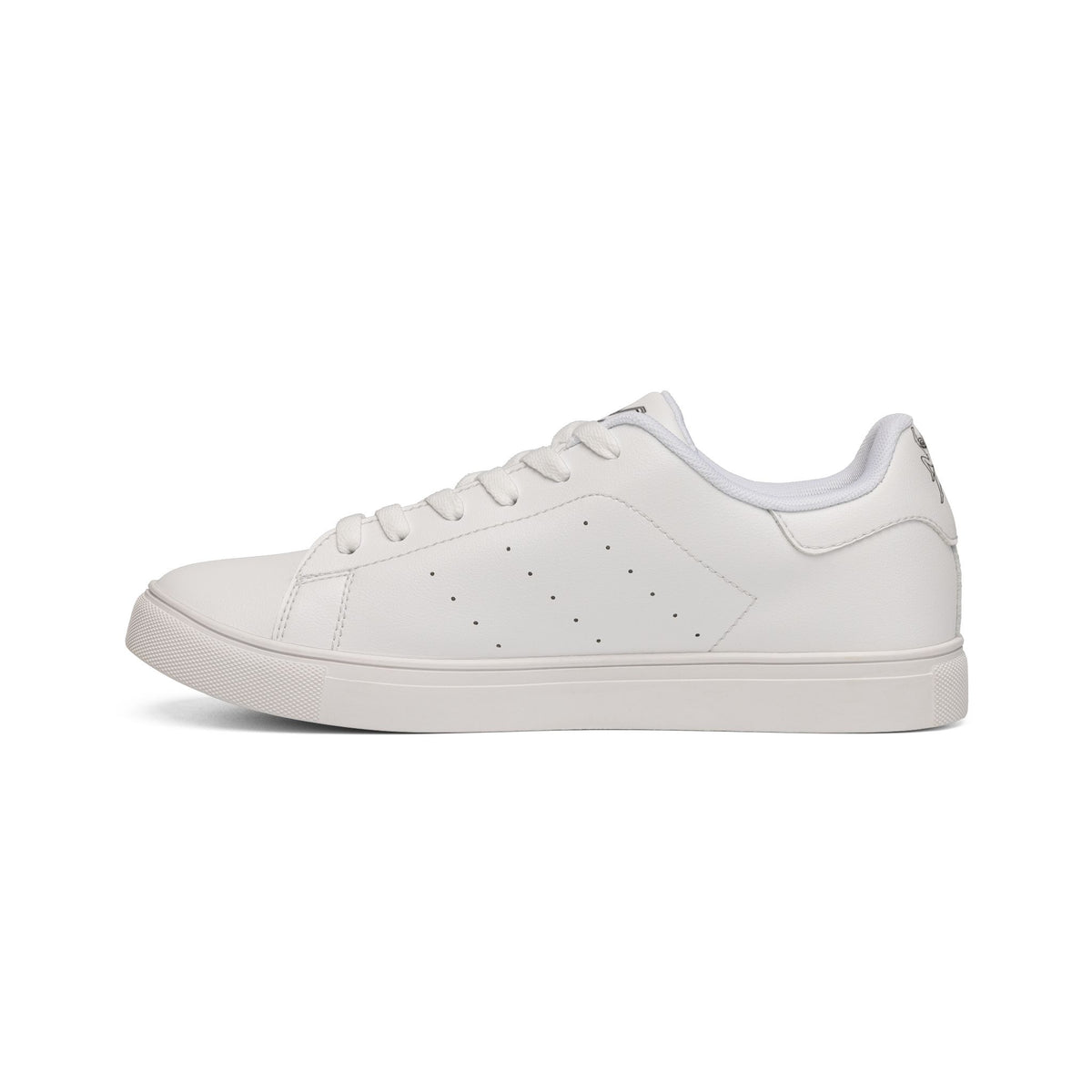 Opposite side view of Running Out women’s white leather sneaker with white sole
