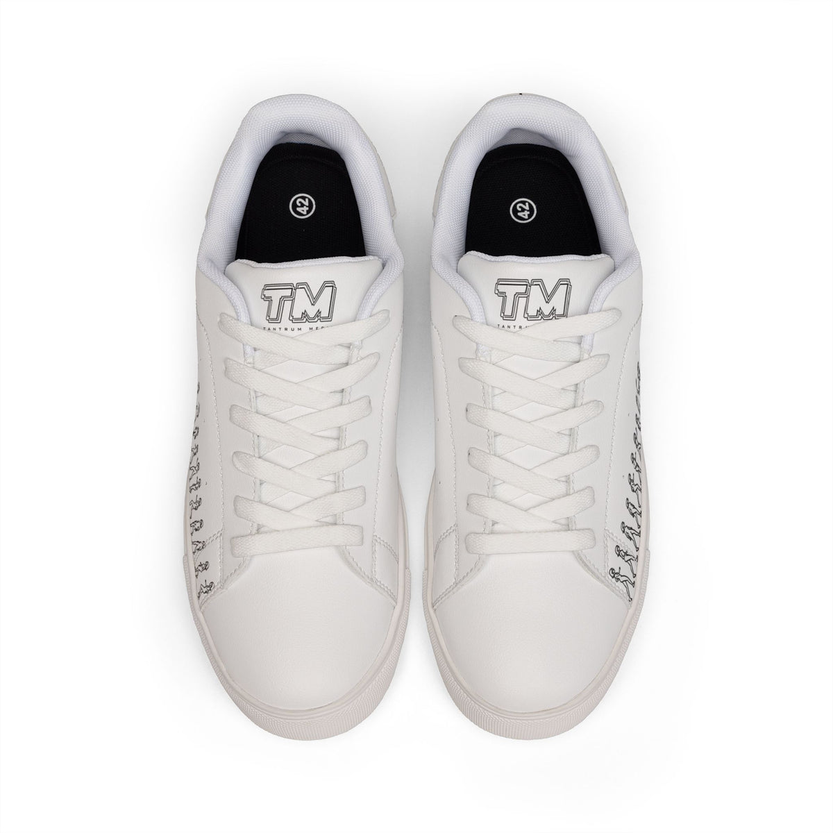 Top view of Running Out women’s white leather low-top sneakers with white laces