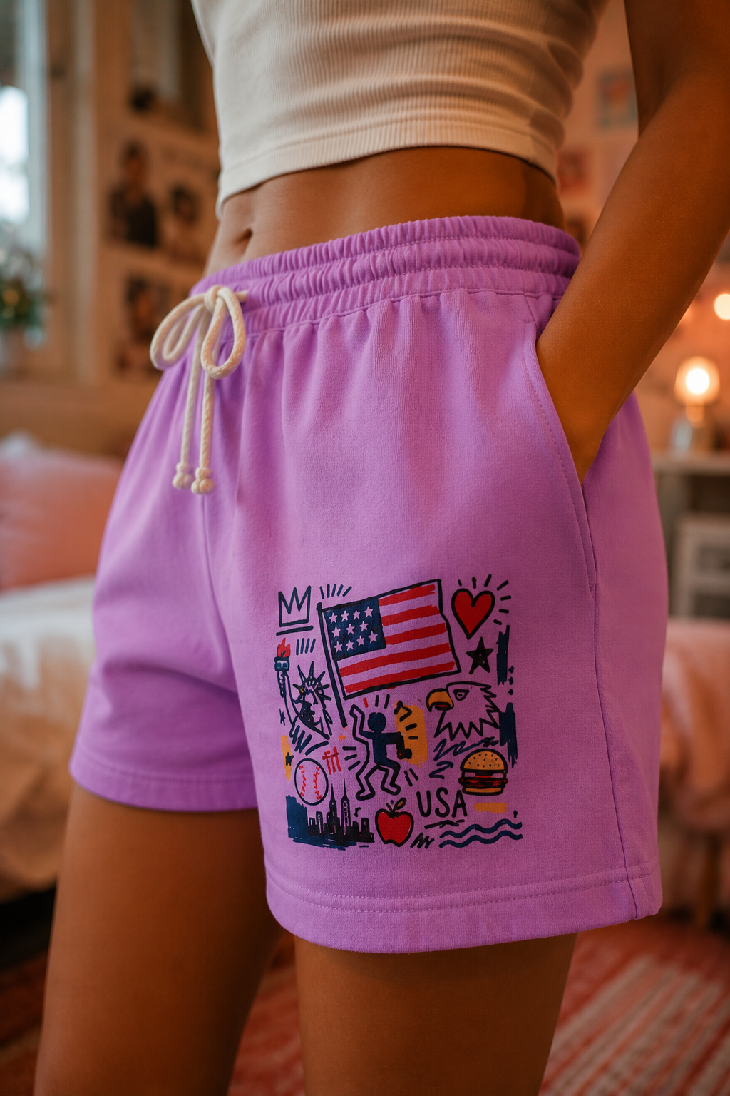 Close-up of neon violet American flag sweat shorts