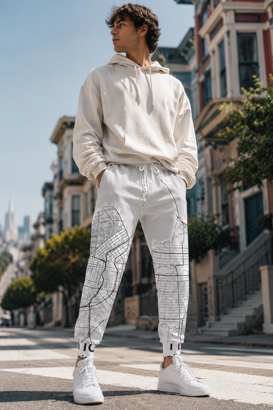 Gen Z model wearing San Francisco map joggers on a colorful San Francisco street