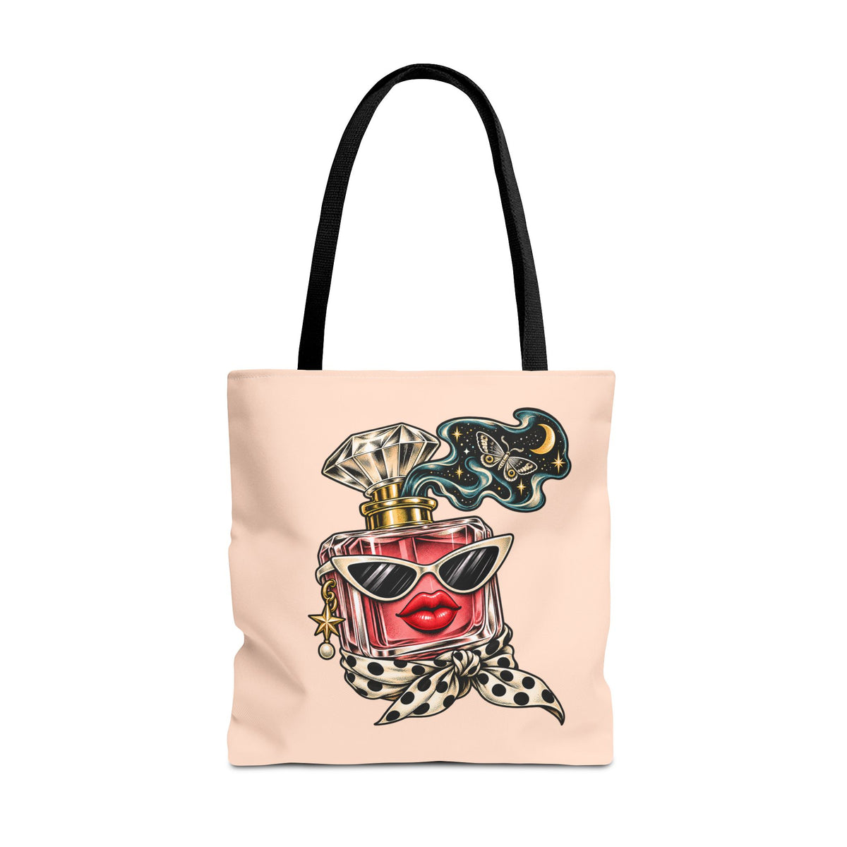 Front view of the peach Scent of Chaos 18 x 18 tote bag with black handles and original surreal perfume bottle illustration.