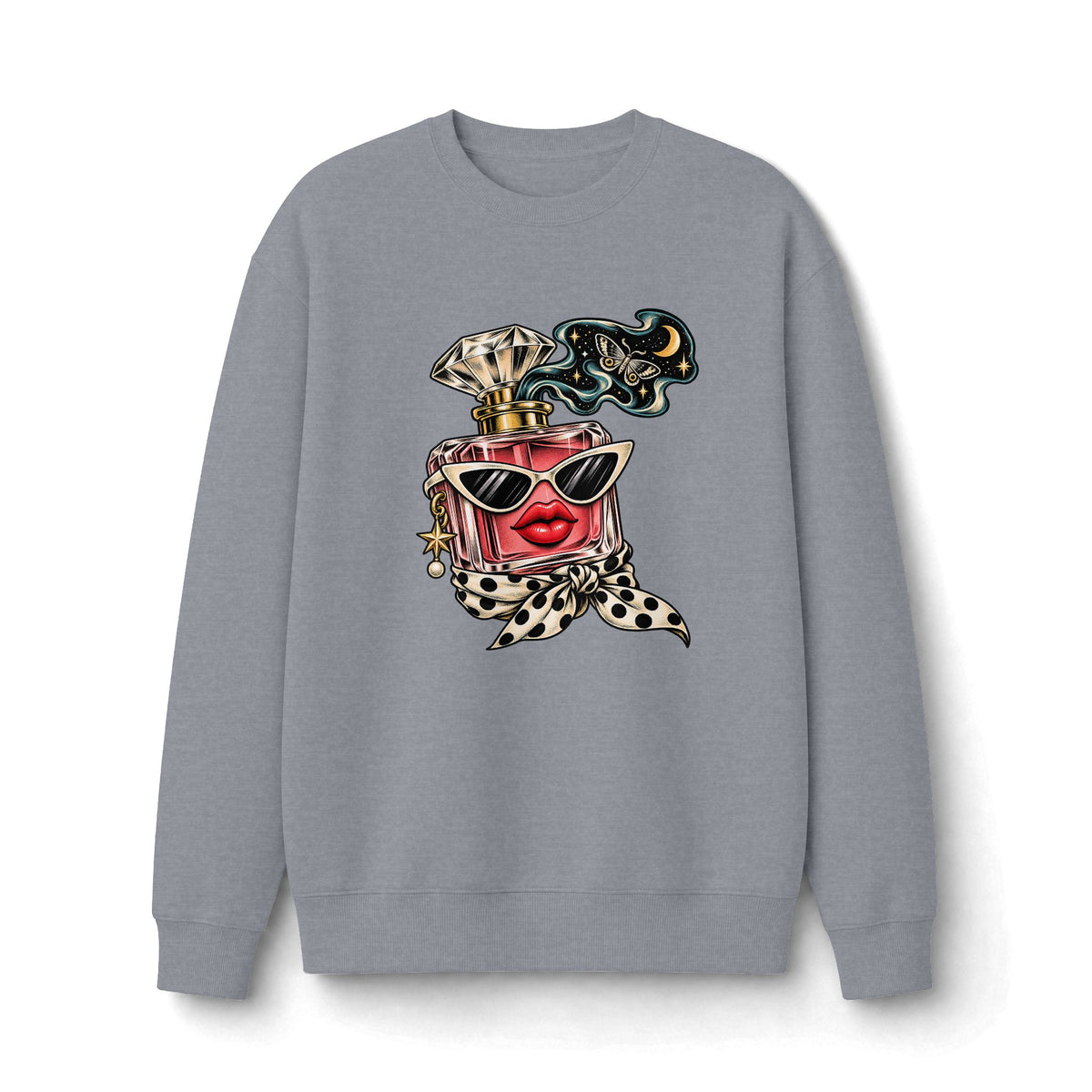 Heather gray Scent of Chaos graphic sweatshirt featuring a pink perfume bottle with sunglasses, red lips and celestial artwork.