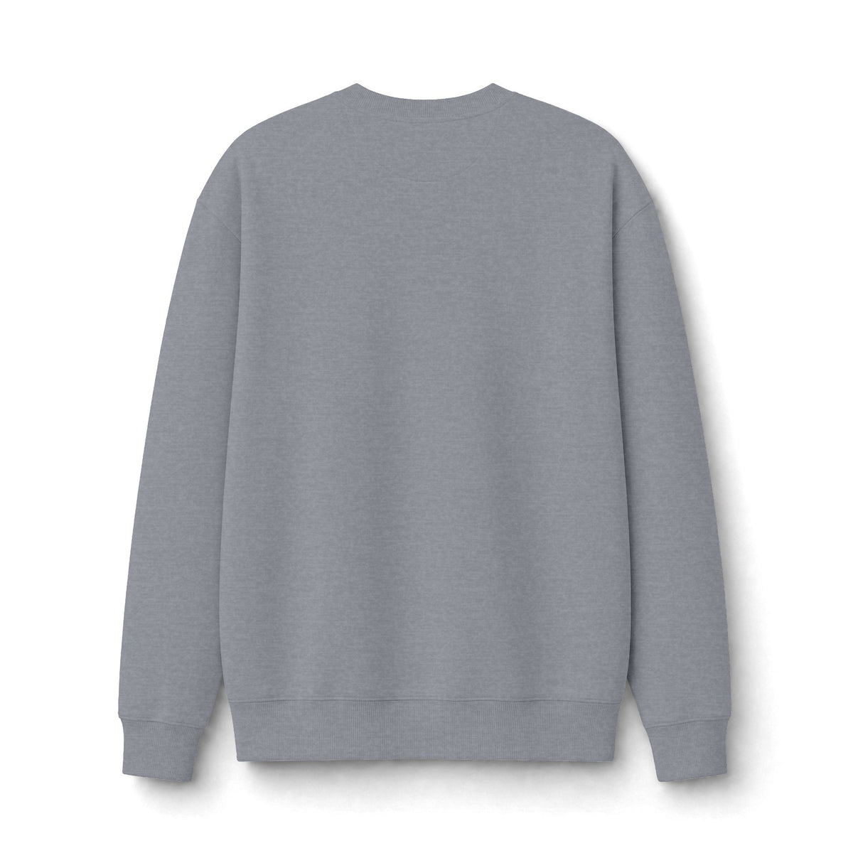 Back view of the heather gray heavyweight sweatshirt with a classic crew neckline, long sleeves and ribbed hem.