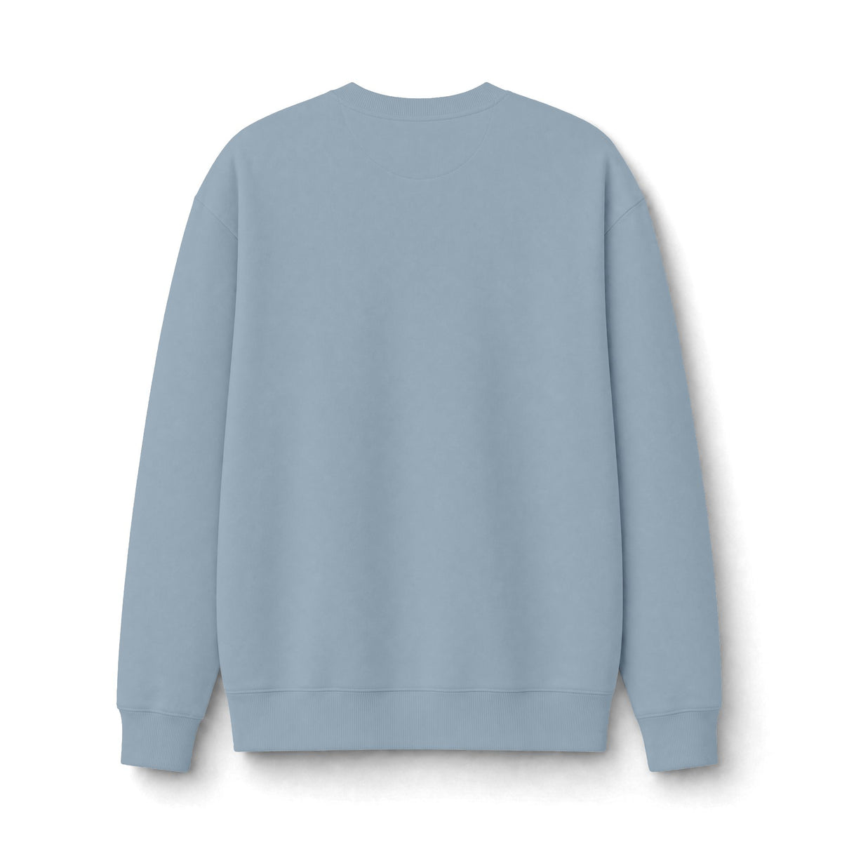Back view of the light blue heavyweight crewneck sweatshirt showing its relaxed shape and ribbed collar, cuffs and hem.