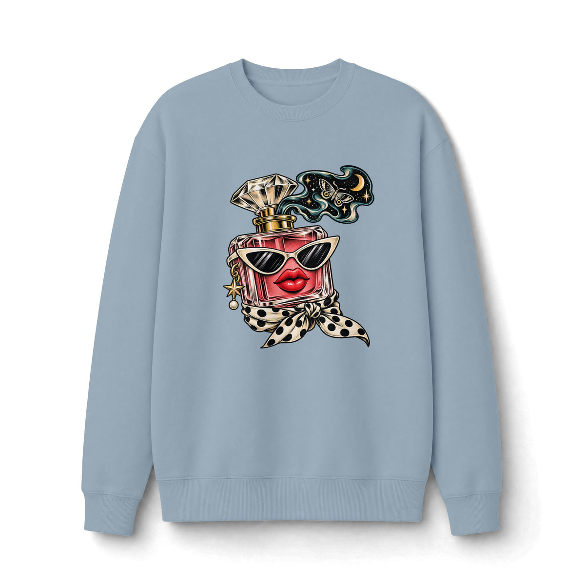 Light blue Scent of Chaos heavyweight sweatshirt with original perfume bottle artwork featuring red lips, sunglasses, stars and a crescent moon.