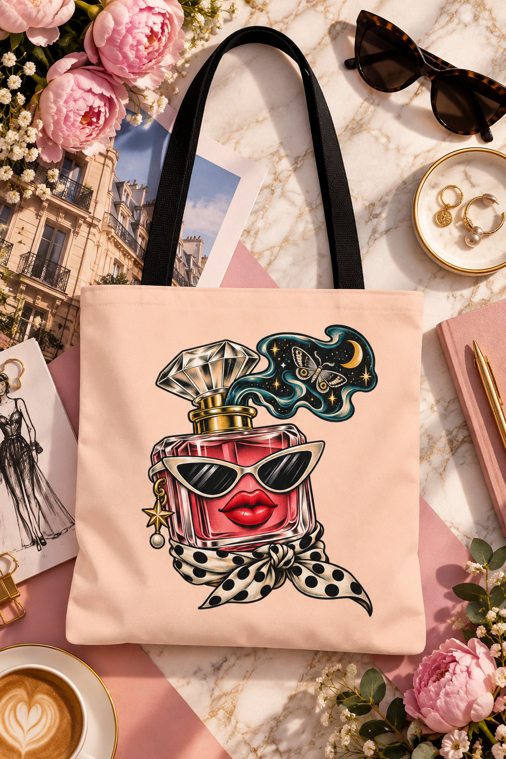 Peach Scent of Chaos perfume bottle graphic tote bag styled with pink flowers, sunglasses and fashion accessories on a marble background.