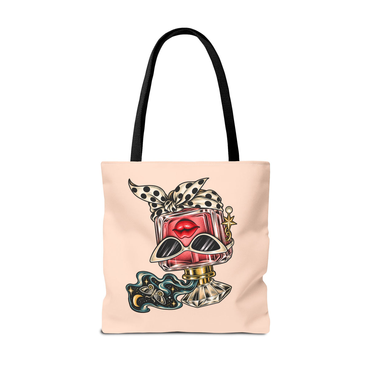 Reverse side of the peach Scent of Chaos tote bag featuring colorful perfume bottle artwork and celestial details.