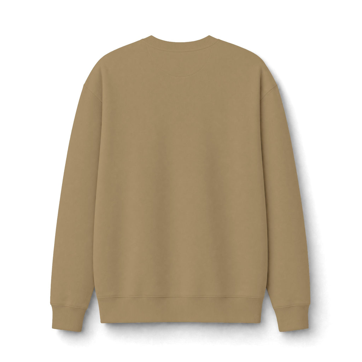 Back view of the tan heavyweight crewneck sweatshirt showing its relaxed silhouette, ribbed cuffs, collar and hem.