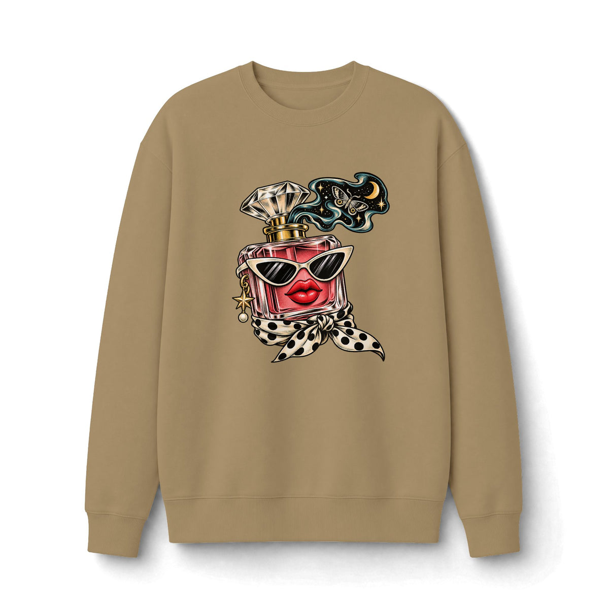 Front view of the tan Scent of Chaos heavyweight crewneck sweatshirt with colorful surreal perfume bottle illustration.