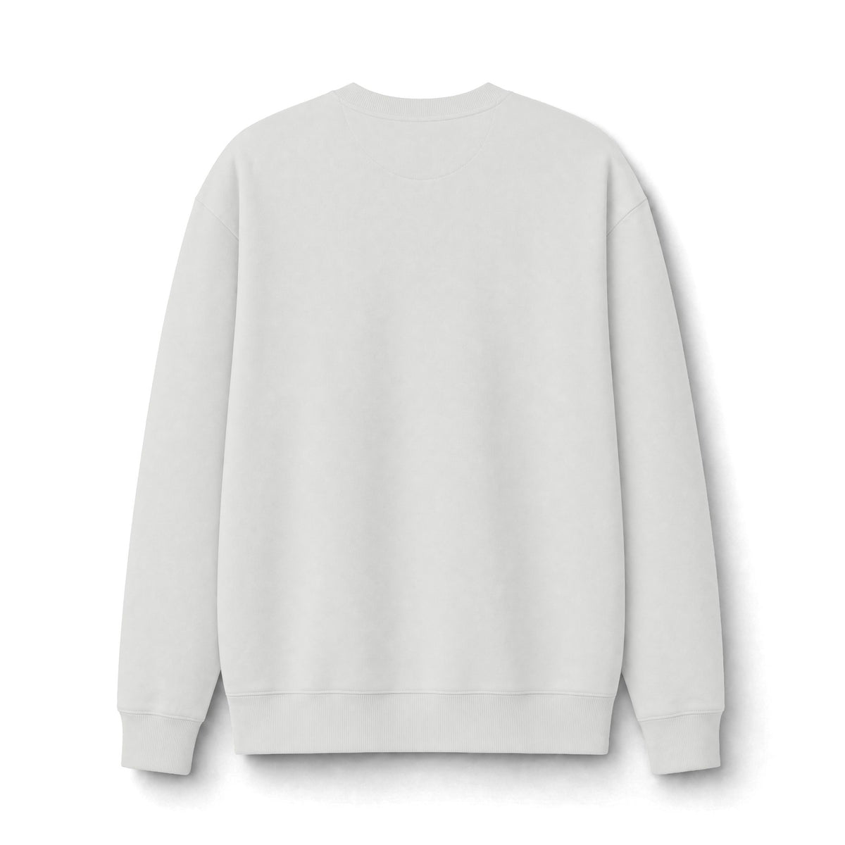 Back view of the white heavyweight crewneck sweatshirt showing the plain back, long sleeves and ribbed cuffs and hem.