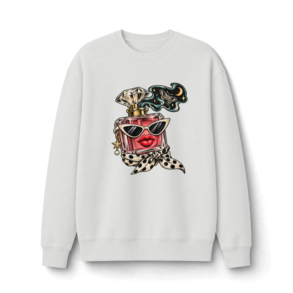 White heavyweight graphic sweatshirt featuring the Scent of Chaos perfume bottle illustration with cat-eye sunglasses and a polka-dot scarf.