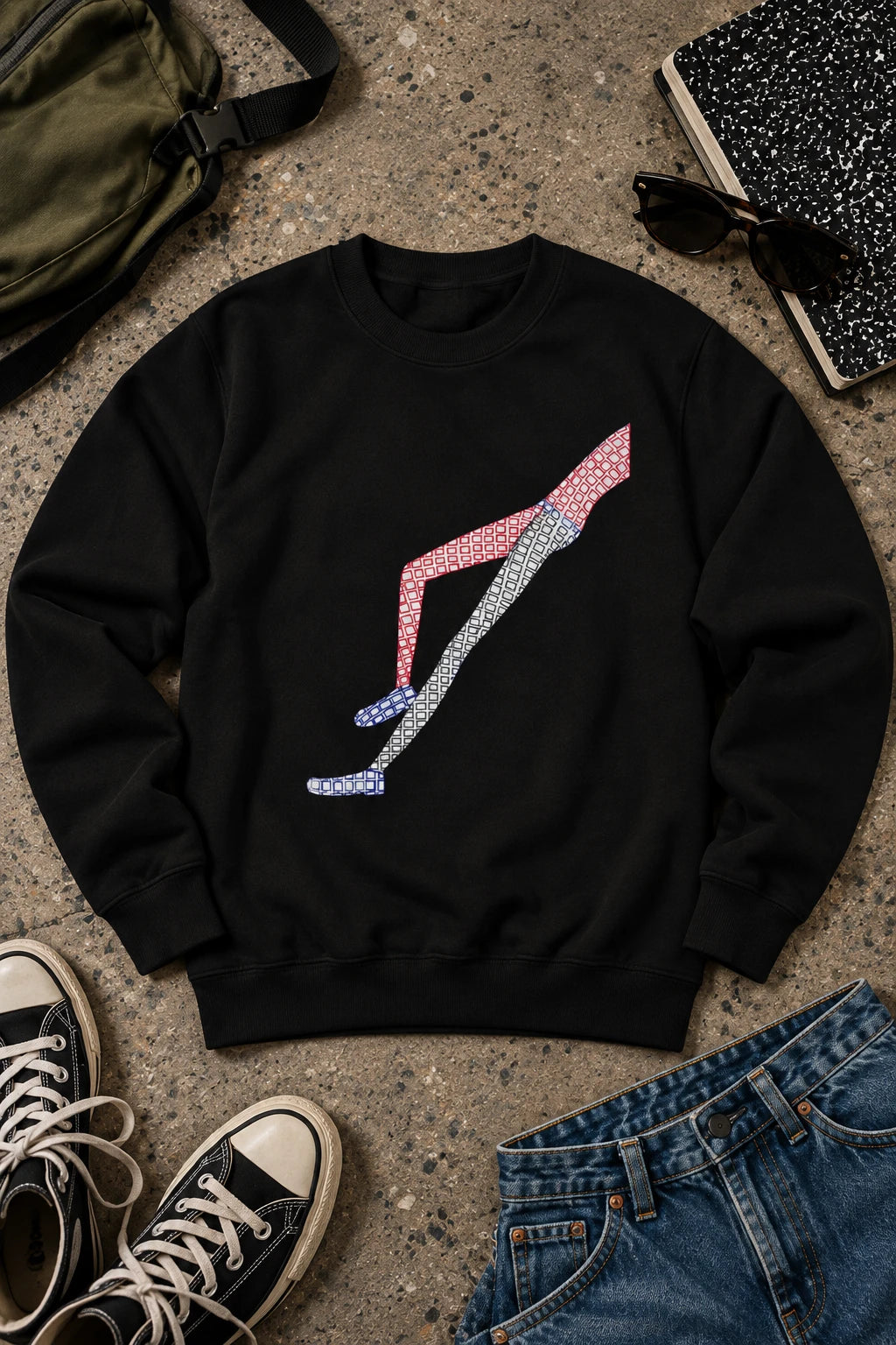 Black Shapes in Shapes sweatshirt with hand-drawn abstract graphic in editorial flat lay.