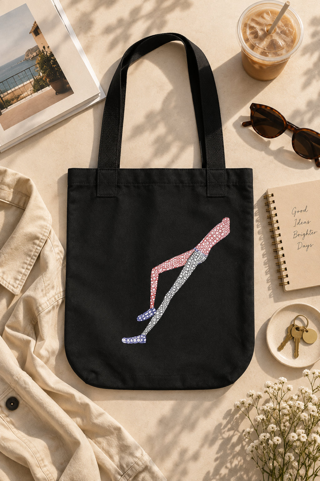 Black Shapes in Shapes organic cotton art tote bag flat lay