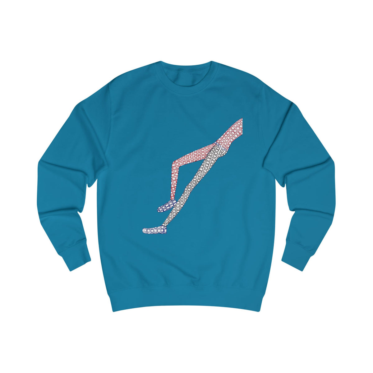 Front view of blue Shapes in Shapes graphic sweatshirt with hand-drawn abstract artwork.