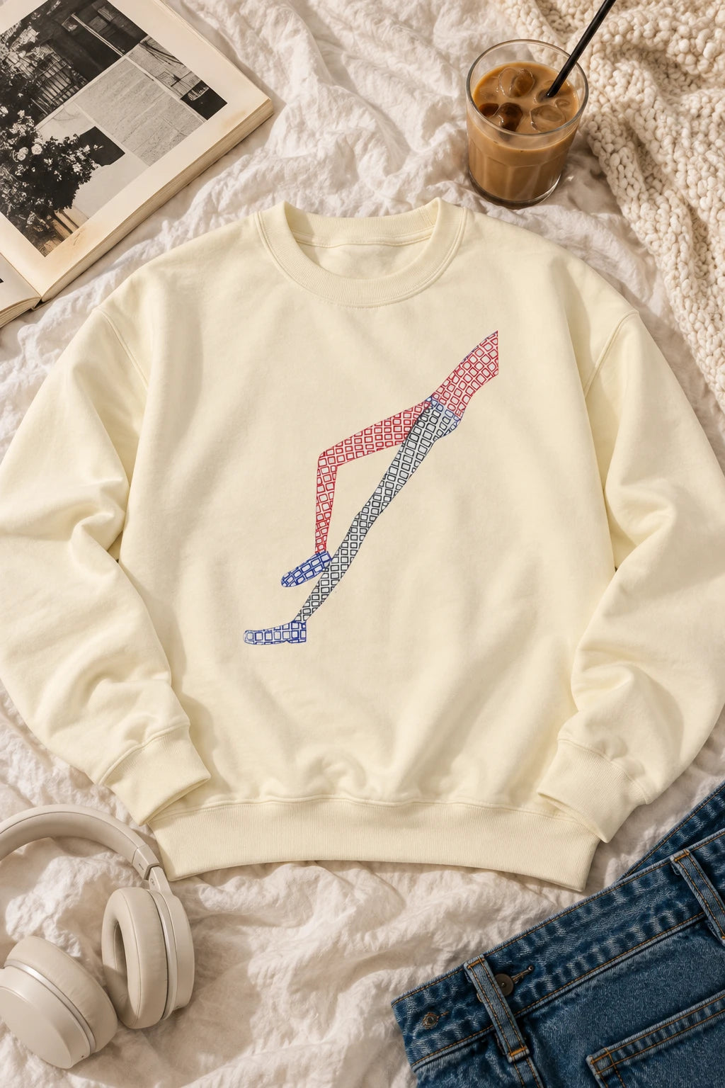 Cream Shapes in Shapes sweatshirt with original hand-drawn abstract artwork in editorial flat lay.