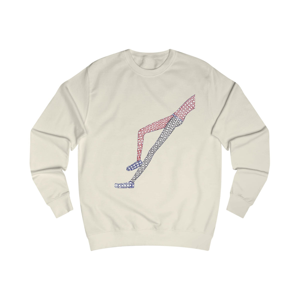Front view of cream Shapes in Shapes graphic crewneck with hand-drawn abstract leg design.