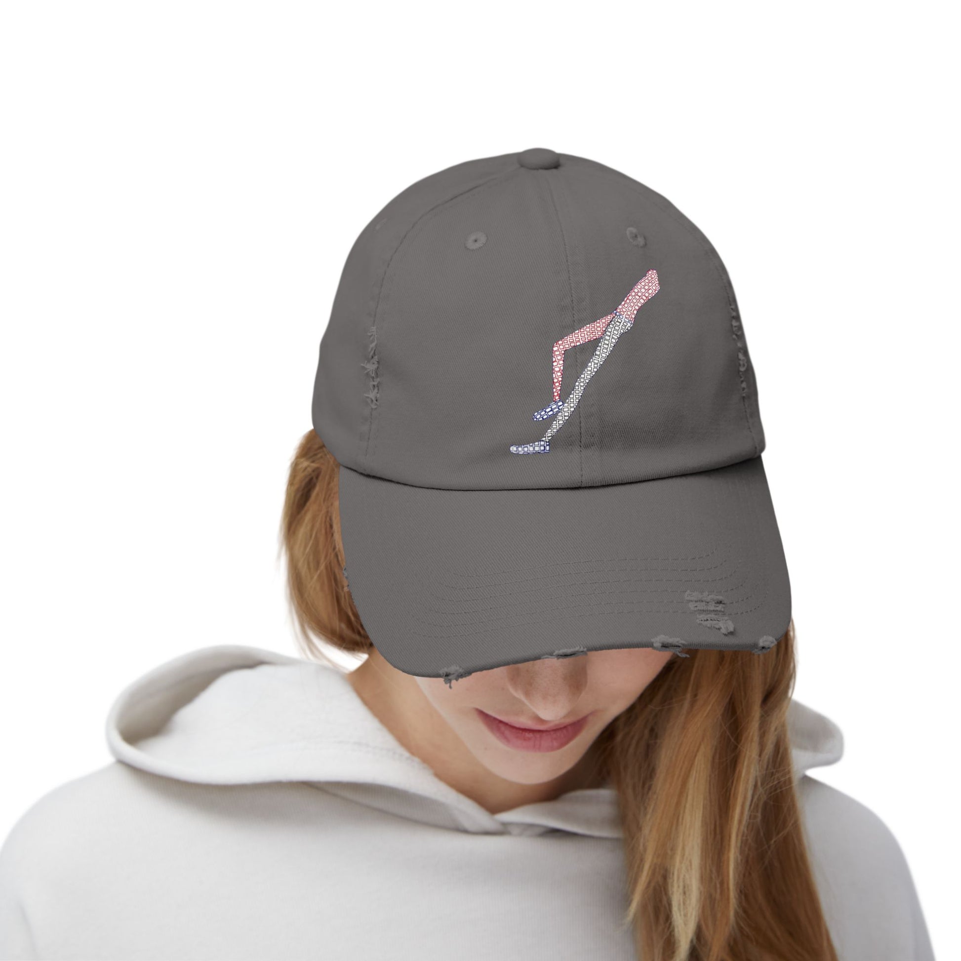 Female model wearing Shapes in Shapes grey distressed baseball cap with original embroidered design.